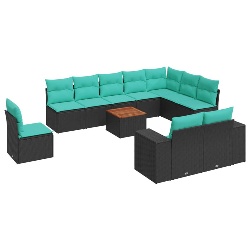 Ensemble de canapé de patio 11 pièces avec coussins en rotin de polyester, Bleu clair, Noir