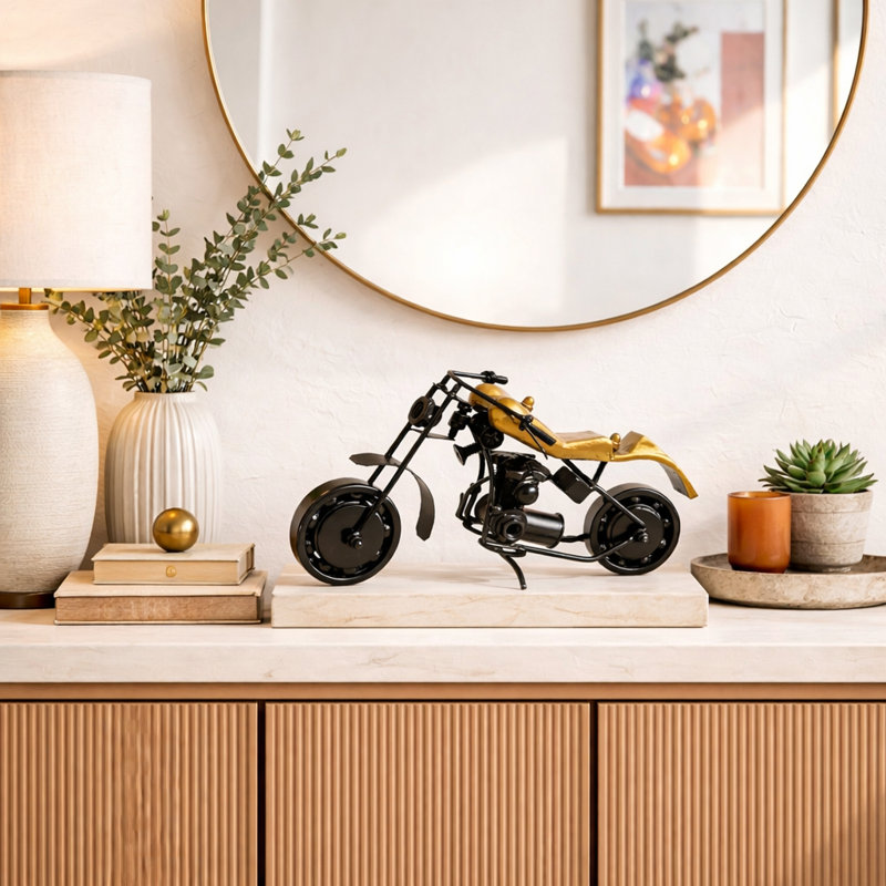 Classic Black Motorcycle Model Sculpture | Decorative Table Accent