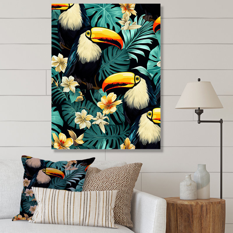 Perroquets et plantes tropicales II - Toucan, art mural animal, H 20 po x l 12 po x P 1 po, Toile tendue