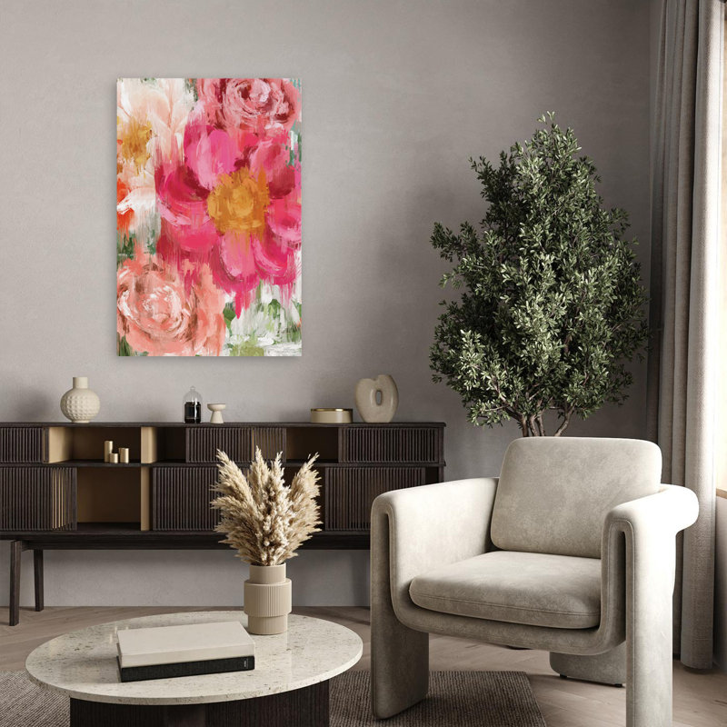 Abstrait pivoine - peinture florale abstraite contemporaine, fleurs roses, coups de pinceau expressifs, H 36 po x l 24 po