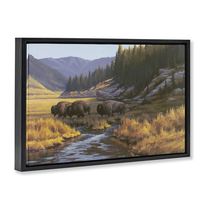 "Bison Trailer Serene Stream", art mural encadré par Floater, Cadre flottant noir de jais, H 17 po x l 25 po