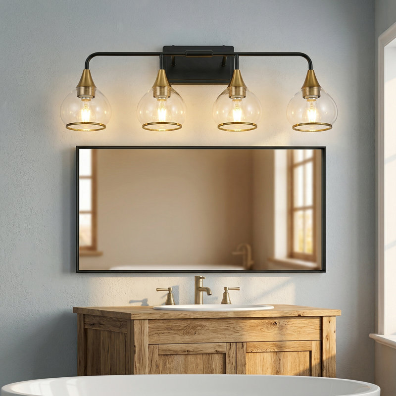 4 Light Bathroom Vanity Light Wall Mounted with Clear Glass Globe Shades Modern Metal Fixture, 4 Lights