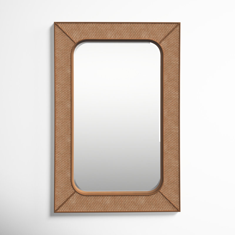 Brown Wood and Rattan Beveled Wall Mirror