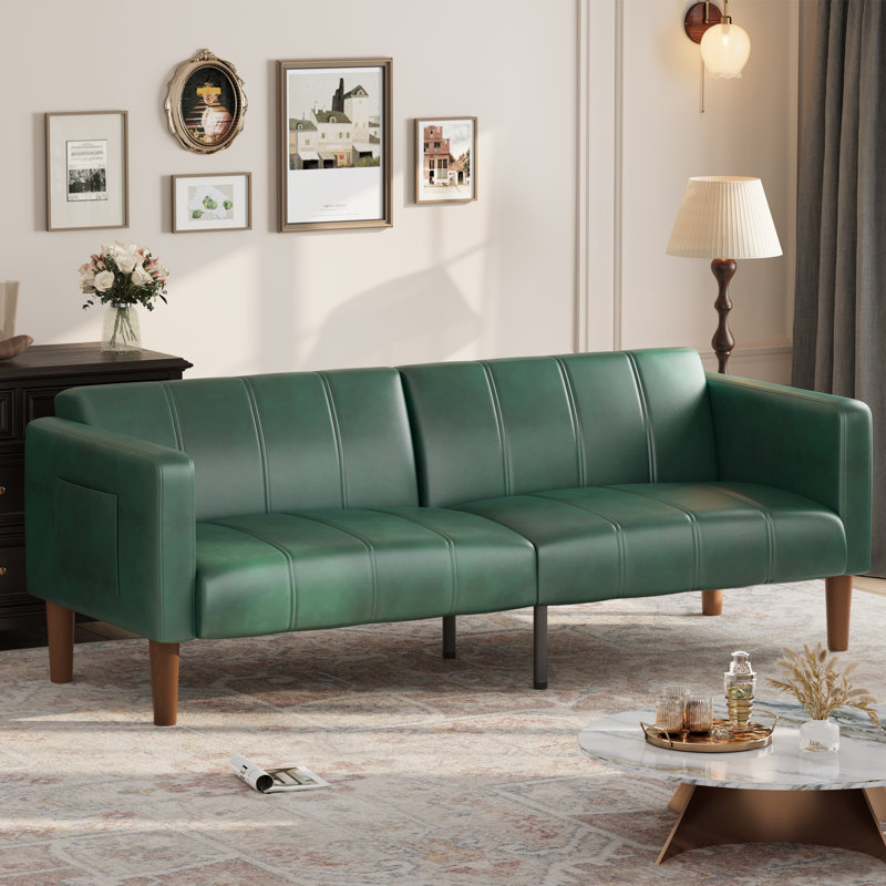 Canapé-lit de futon convertible avec causeuse moderne en cuir de polyuréthane de 75 pouces avec dossier réglable et poches latérales, canapé-lit pliant peu encombrant pour salon, appartement de chambre à coucher, vert