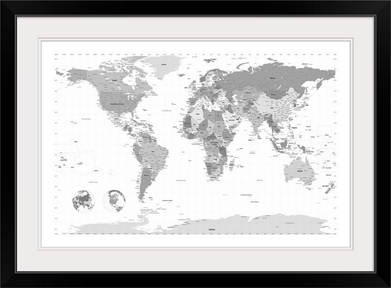«World Map» par Bellen, impression, H 20 po x l 26 po x P 1 po, Cadre noir