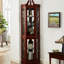 Armoire de coin en noyer avec lumières, tablettes en verre réglables et support d'affichage en miroir