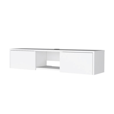 Meuble télé minimaliste blanc flottant avec 2 portes cachées, convenant aux petits espaces, organisant des objets multimédias, pouvant accueillir un meuble télé moderne de 40 à 49 pouces, monté sur des surfaces murales, des gadgets soigneusement