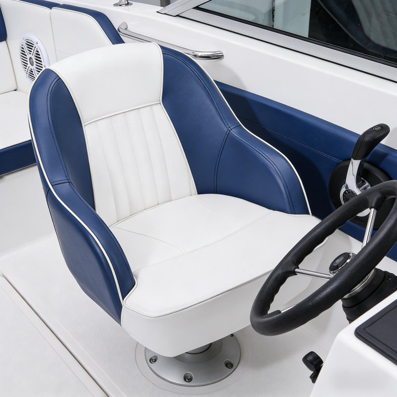 Piping Pontoon Boat Captain Chair with Ergonomic Backrest & Thick Compression Foam, White/Navy