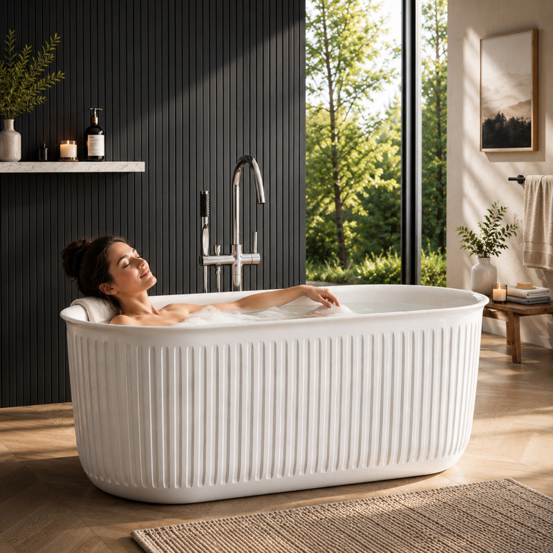 59'' x 28.3'' Modern Fluted Freestanding Soaking Bathtub, Gloss White with Pleated Edge