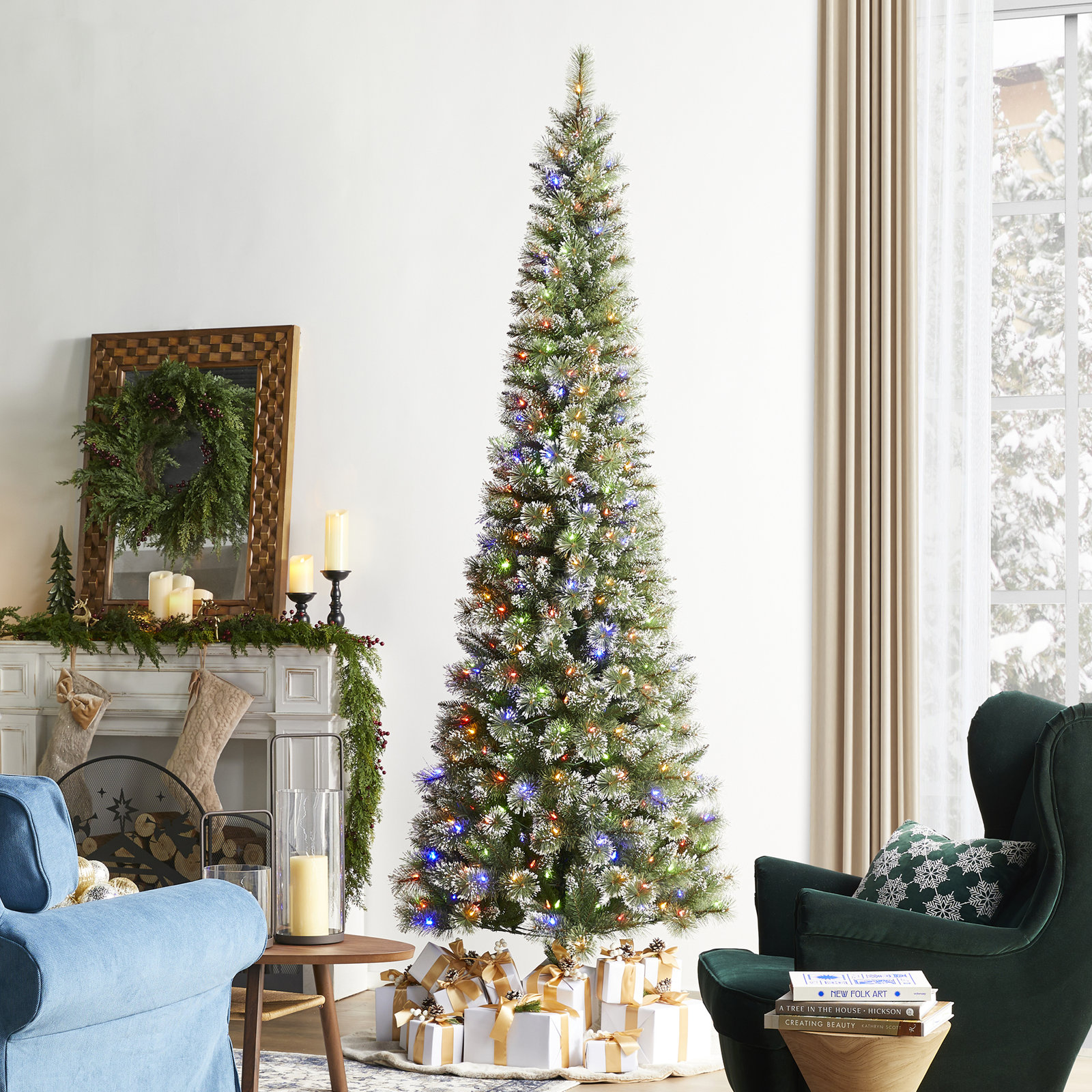 Leilonie Flocked Pre-Lit Pine Christmas Tree, 9'