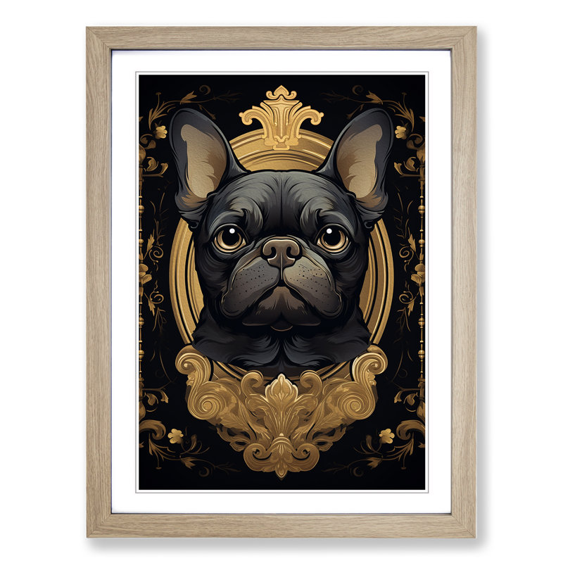 French Bulldog Nouveau - Single Picture Frame Print on Wood, Oak Framed, 34cm H x 25cm W
