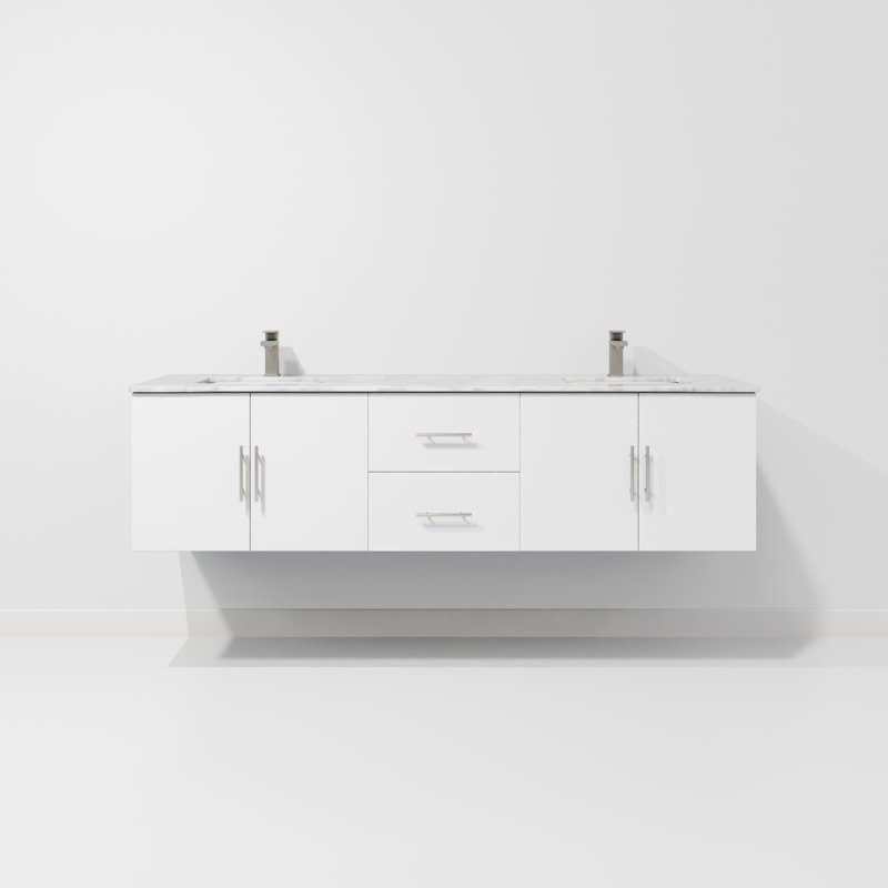 Geneva 72" Wall-Mounted Double Bathroom Vanity Set, Glossy White, White Carrara Marble