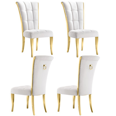 Ensemble de 4 chaises de salle à manger à dossier haut avec pieds dorés et chaises de cuisine rembourrées en velours blanc avec anneau en métal