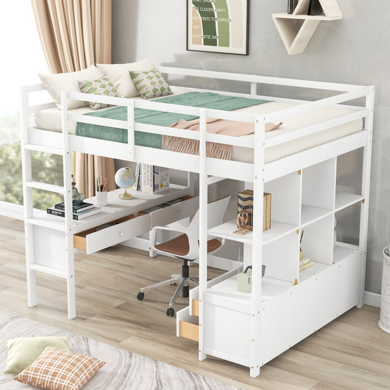 Erjon Kids Loft Bed with Drawers, White, Full
