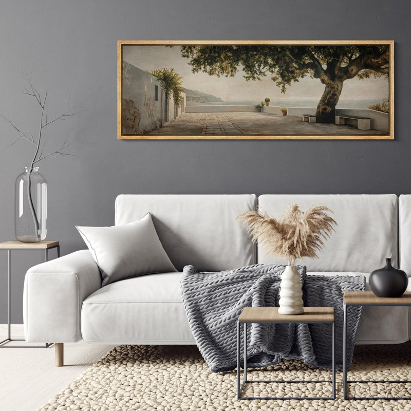 Coastal Beach Tranquil Seaside Patio with Tree and Ocean View Antique Retro Art, très grande œuvre d'art, H 20 po x l 60 po