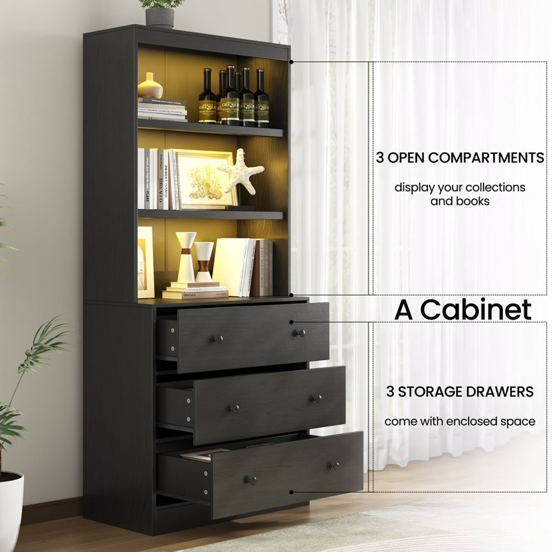 71"H X 47.2"W Book Cabinet Storage Bookcase with USB & Type-C Charging Ports and LED Lights (2A), Black