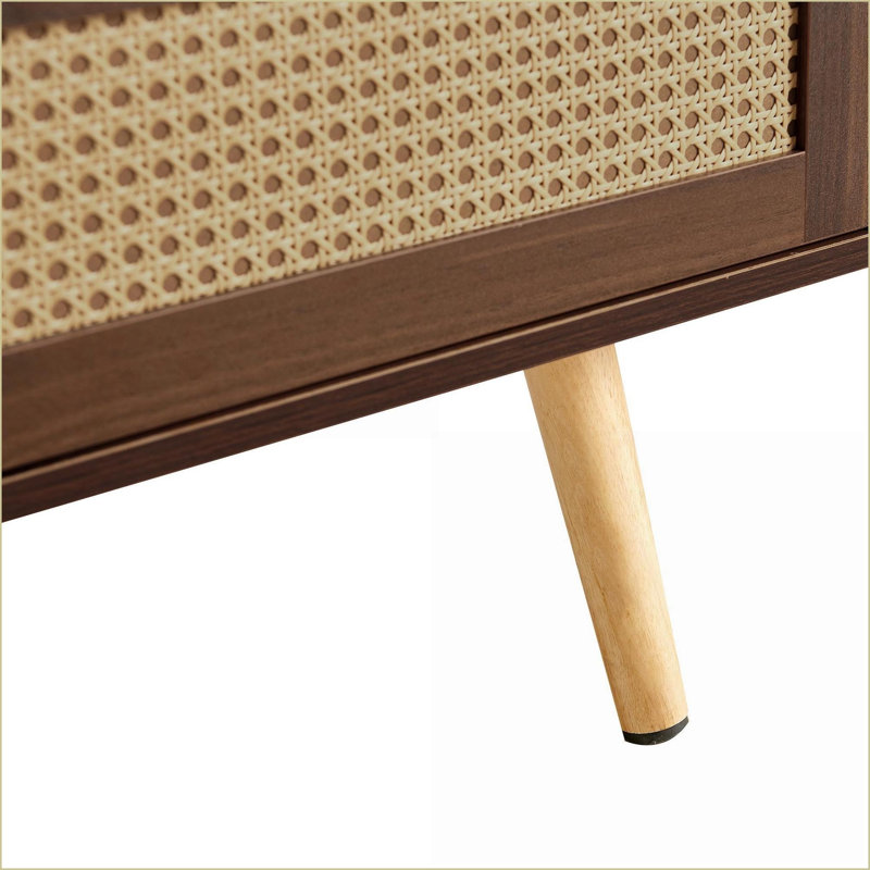 Table basse en noyer PE en rotin avec rangement pour porte coulissante, facile à nettoyer et amp; Pieds robustes en bois massif