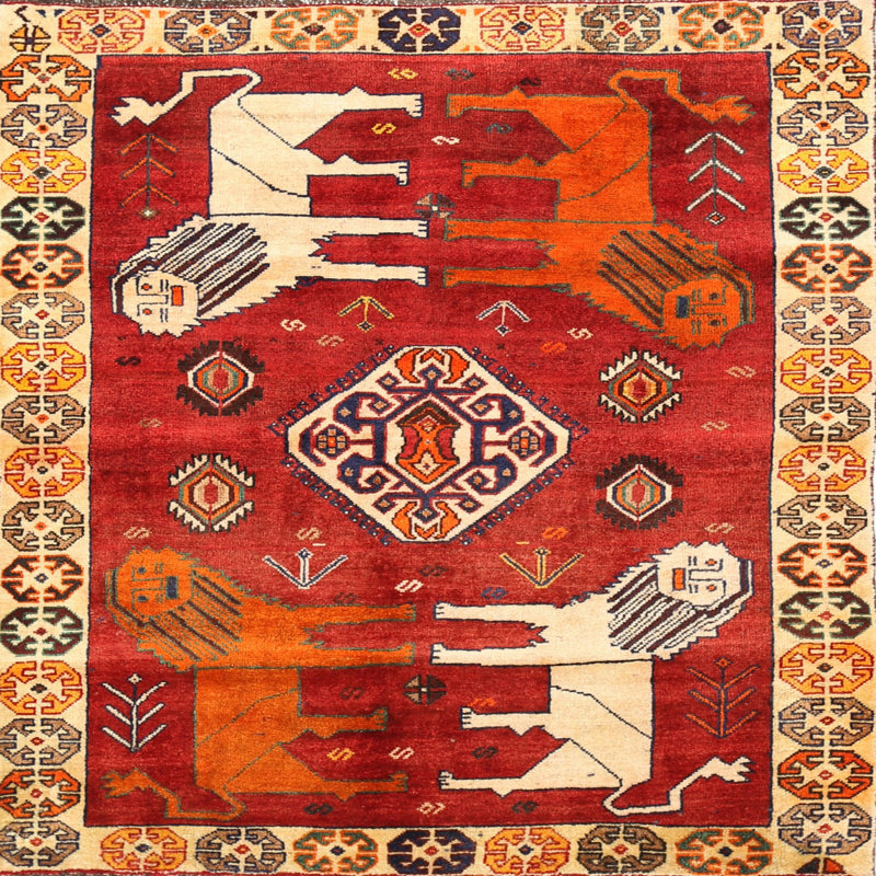 Tapis traditionnel rouge / orange / beige, Carré 6 pi