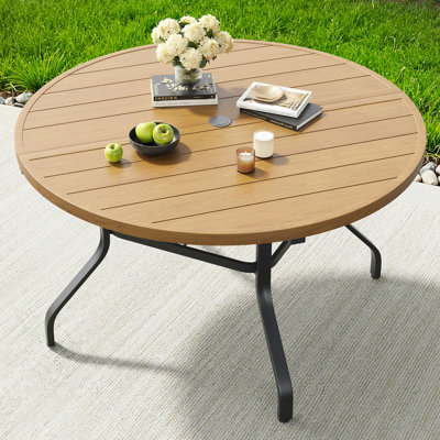 Table de salle à manger ronde pour l'extérieur, table ronde de 47 po à grain de bois avec trou pour parasol de 1,57 po, tables de salle à manger d'extérieur en métal pour la cour et le bord de la piscine