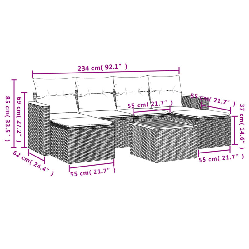  Ensemble de canapé de patio 7 pièces avec coussins en rotin de polyester noir