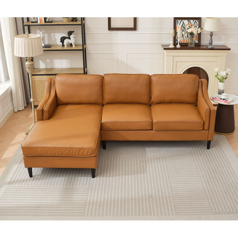 L-Shaped Genuine Leather Sofa With Chaise Lounge, Left Chaise, Left Hand Facing, Tan Genuine Leather