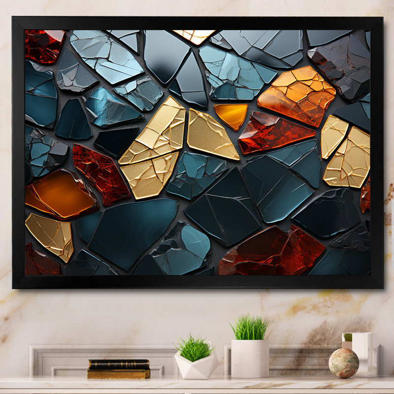 Cubic Mosaic Marble Tiles V - Décoration murale en marbre, Cadre d'angle fermé noir, H 30 po x l 40 po x P 1,5 po