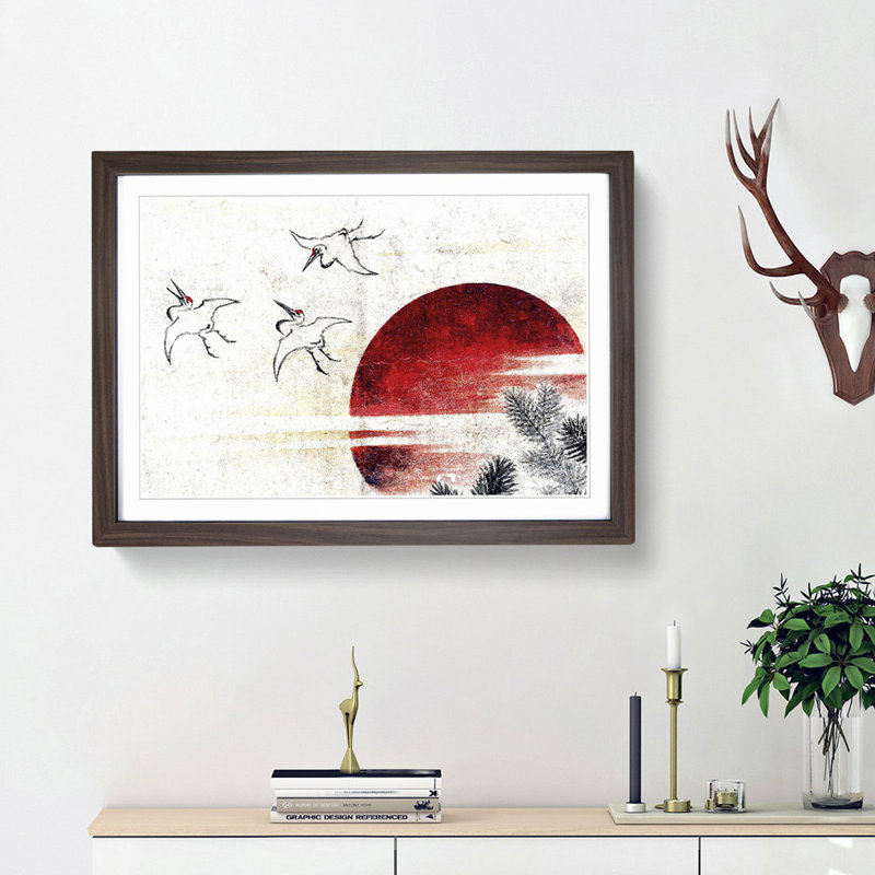 Cranes at Sunset by Katsushika Hokusai - Picture Frame Painting Print, 27cm H x 36cm W x 2cm D, Walnut Framed