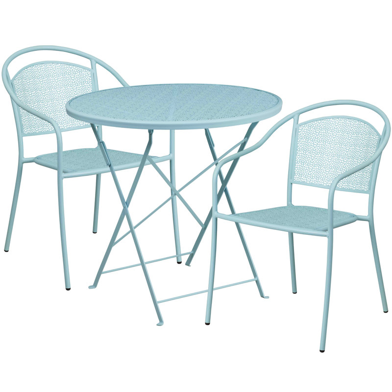 Delapena 30'' Round Indoor-Outdoor Steel Folding Patio Table Set with 2 Round Back Chairs, Sky Blue