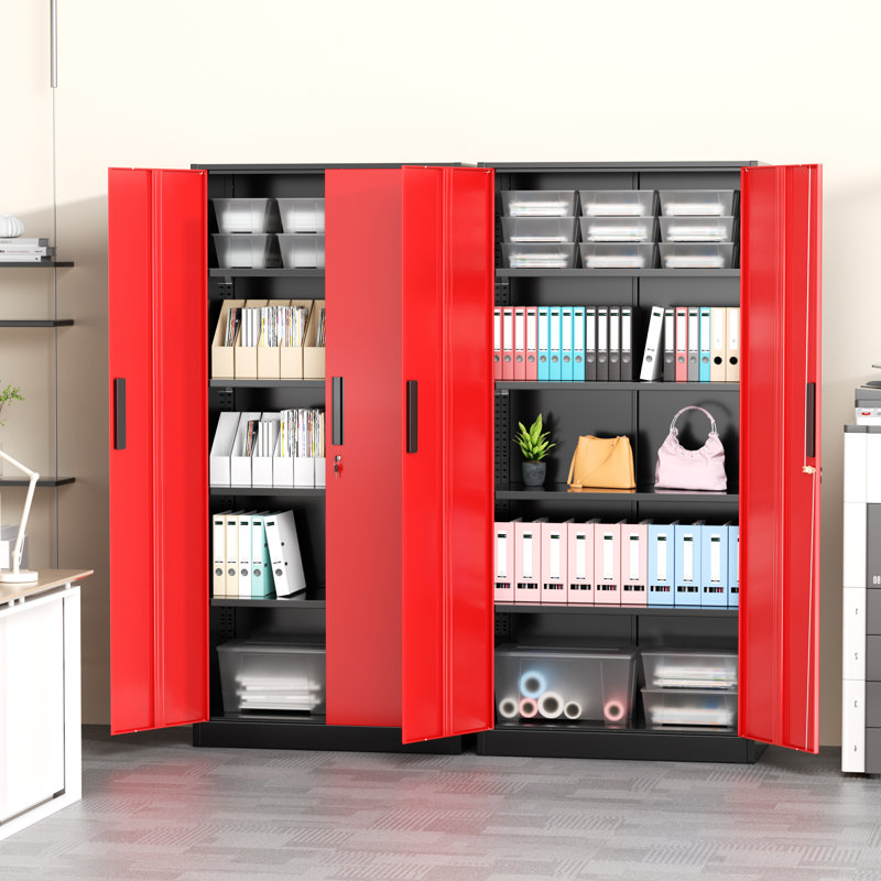 Lakenzie 5 - Shelf Steel Garage Storage Cabinets with Lock (72" H x 32" W x 16" D), Black/Red
