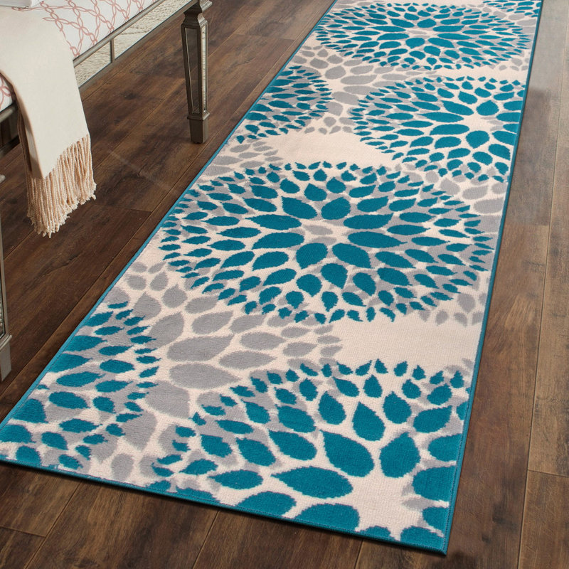 Tapis bleu / ivoire / gris clair à motif floral, Tapis de couloir 2 pi x 10 pi