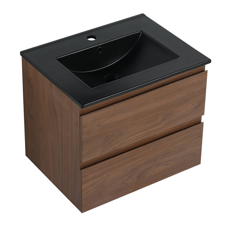Meuble-lavabo mural de 1 po | lavabo en céramique noire | 2 tiroirs à fermeture en douceur | conception moderne | assemblage facile | peu encombrant