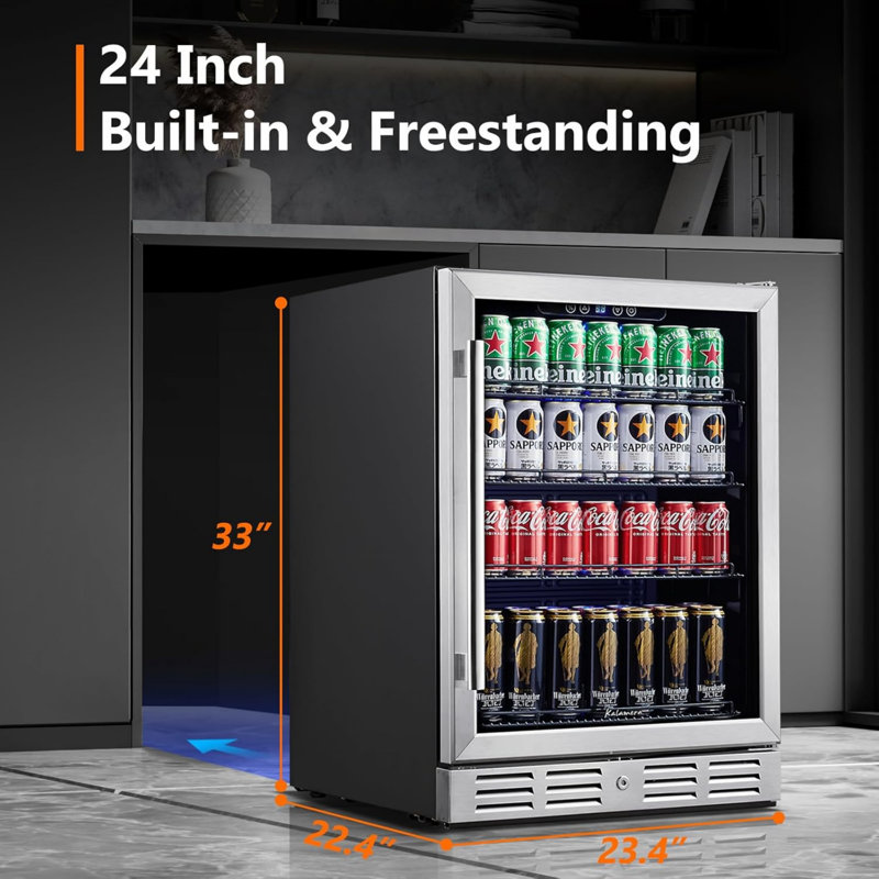  Kalamera 24 Inch 152 Can Built-in Freestanding Beverage Refrigerator, Stainless Steel Compressor Cooler with Tempered Glass Door, Digital Touch Control LED Light for Home Bar Office