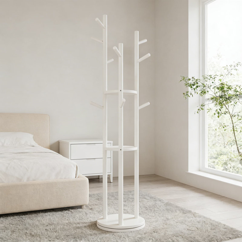 Portemanteaux rotatif en bois massif avec 3 tablettes et 9 crochets, Blanc