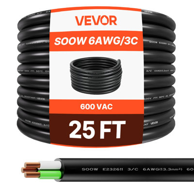 25 FT 6AWG Portable Power Cable (3 Conductor), Heavy Duty 600V SOOW Electrical Power Cable, Industrial Grade Electric Wire, Premium CPE Rubber Jacket, Copper Extension Cord For Welder Machine