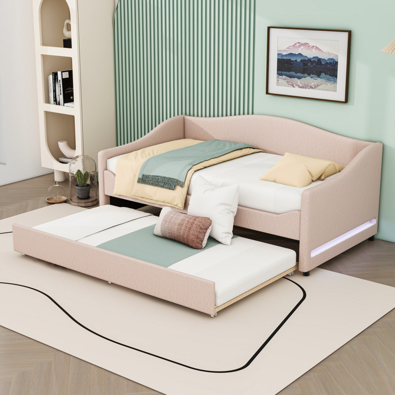 Upholstered Daybed with Trundle and LED Lights, Beige, Twin
