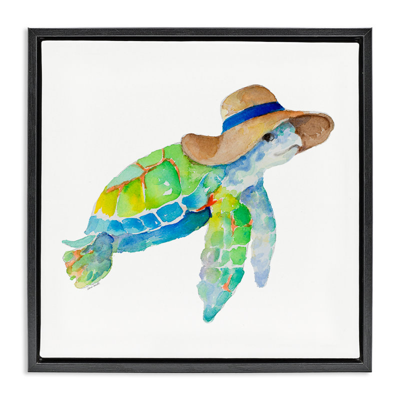 «Beach Ready Turtle» par Lanie Loreth, Cadre flottant noir de jais, H 18 po x l 18 po