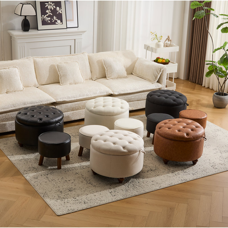 24’’ Wide Upholstered Tufted Round Storage Ottoman With  Set Of 2, Khaki