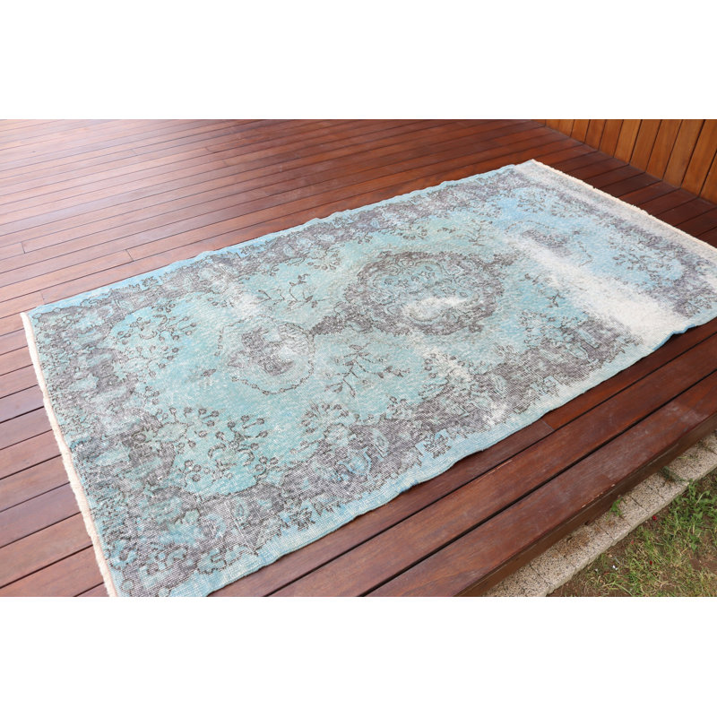 Tapis turc surdimensionné bleu à motif médaillon fait à la main et décor bohème parfait pour le salon comme tapis de sol Anatolian