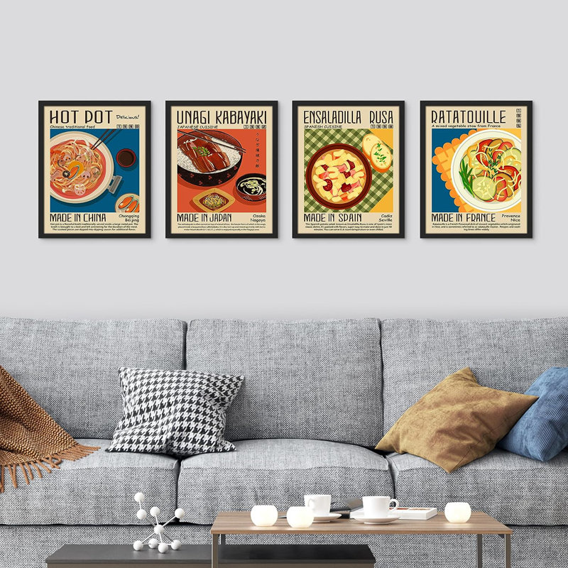 " Chinese & Japanese Food " 4 - Pieces, Black Framed, 14" H x 11" W x 1" D