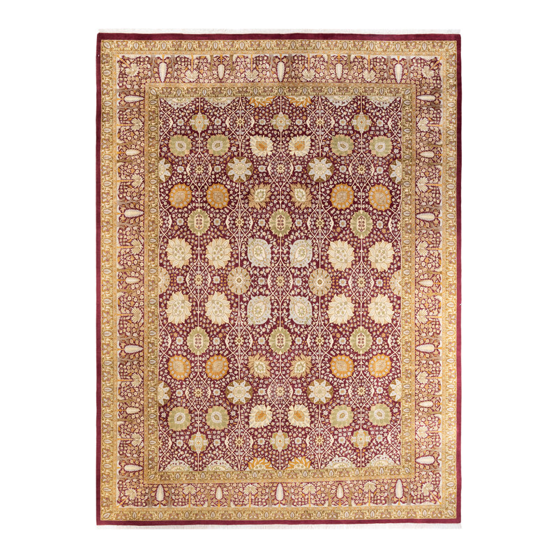 Tapis unique en laine noué à la main 9 pi 3 po x 12 pi 5 po nouvel âge Hayner - rouge / beige / caramel