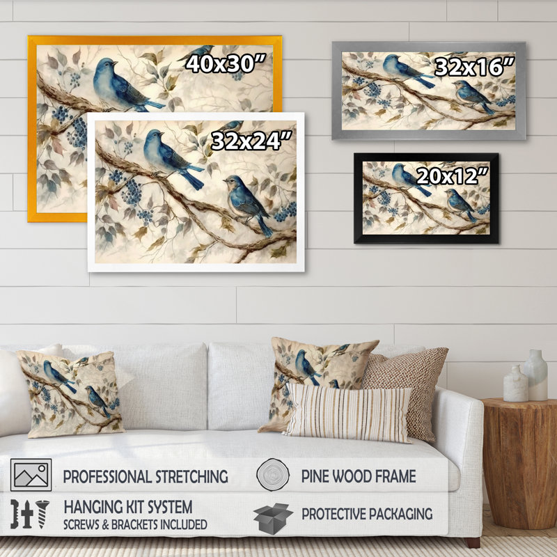 Deux oiseaux bleus assis sur une branche, aquarelle rétro II - décoration murale oiseau, Impression noire sur toile encadrée