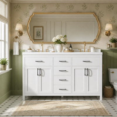 Meuble-lavabo à double lavabo moderne avec structure en bois massif et système de rangement multifonctionnel