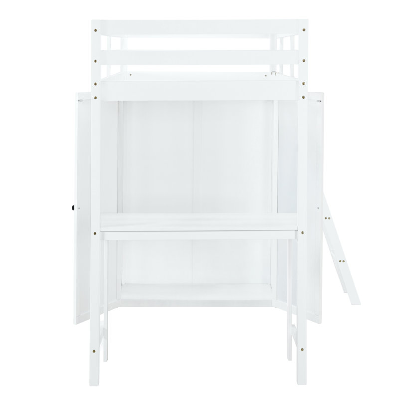 Lit mezzanine simple avec garde-robe et bureau, blanc