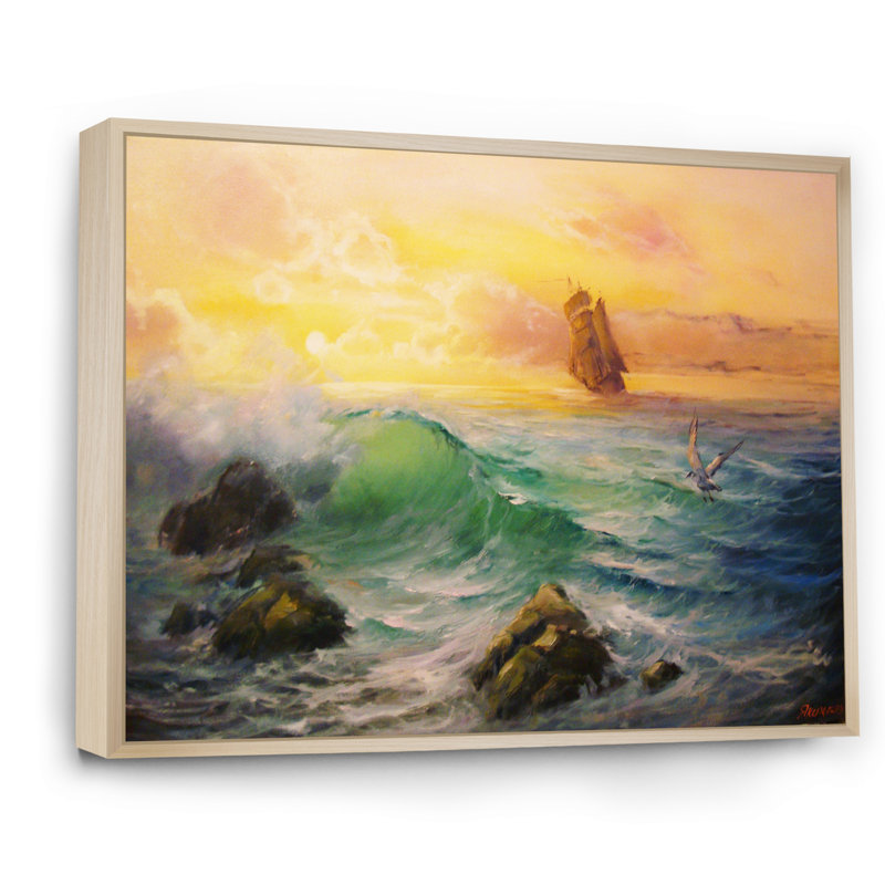 Coucher de soleil sur un bateau colonial, H 12 po x l 20 po x P 0,1 po, Toile avec cadre flottant brun