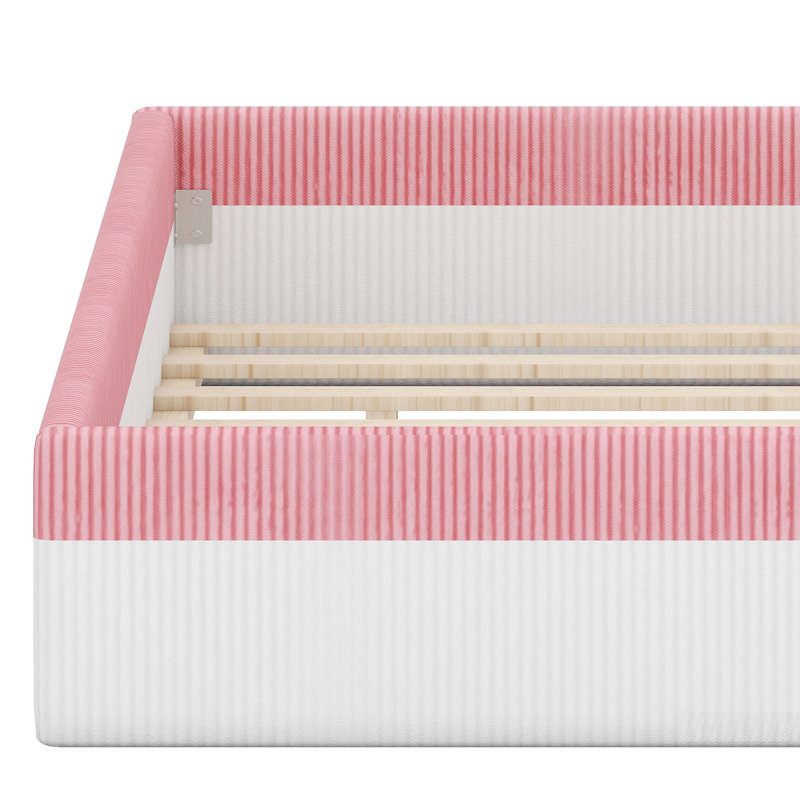 Lit rembourré avec clôture de sécurité, marches à deux niveaux et éclairage DEL intelligent, Pink+White