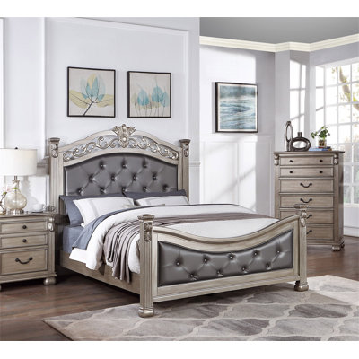 Formal Traditional Antique Silver 1pc California King Size Bed Tufted Faux Leather Headboard Footboard Bedframe