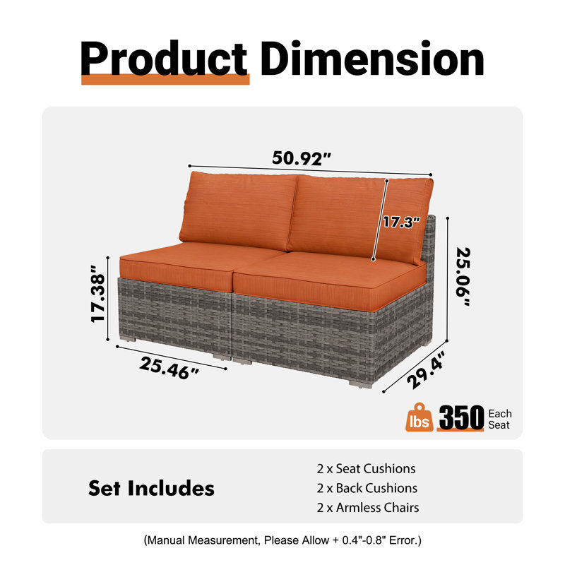 Chappotin Outdoor Patio Sofa Wicker Modular Sectional Set With Cushions, Orange Red