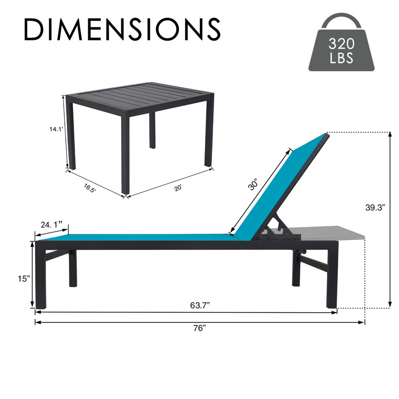 Ensemble de 3 chaises longues d'extérieur Kozyard, chaise longue de piscine réglable en aluminium, revêtement en textilène, chaise longue inclinable à cinq positions, entièrement à plat pour le jardin ou la piscine, 2 chaises bleues + table