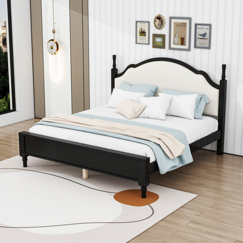 Wood Platform Bed with Upholstered Headboard, King, Black/Beige