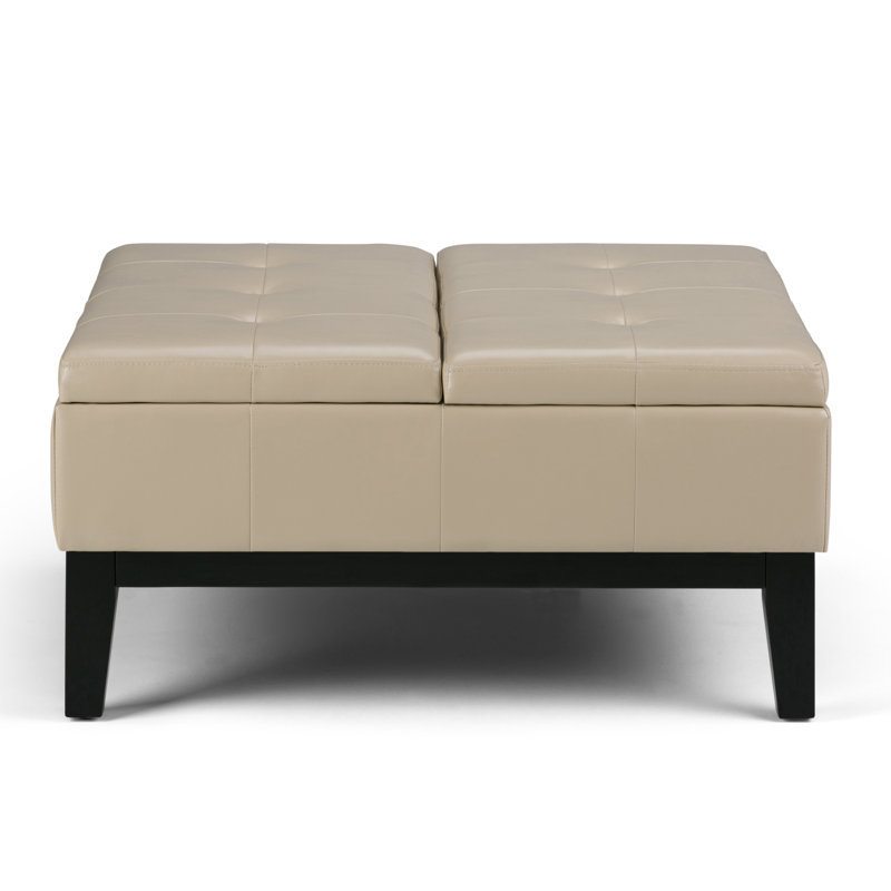 Dover 36"W Upholstered Vegan Leather Contemporary Square Coffee Table Storage Ottoman with Split Lift-Top, Satin Cream